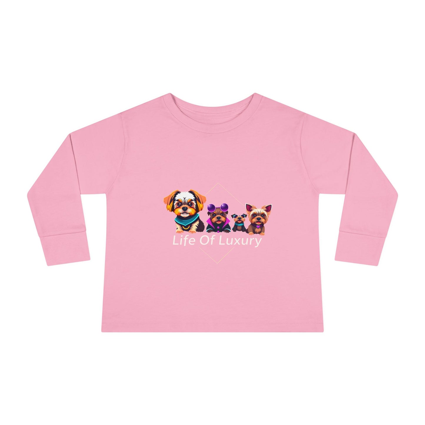 Colorful Toddler Long Sleeve Tee with Fun Dog Design, Life Of Luxury, Cute Pet Shirt, Perfect for Parties, Birthdays, Gift Idea