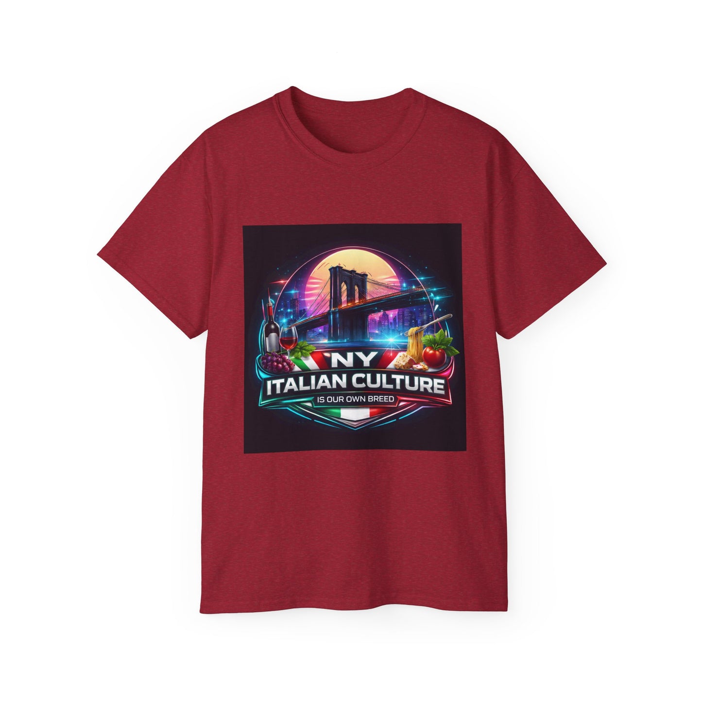 NY Italian Culture T‑Shirt — Retro Neon Brooklyn Bridge Graphic