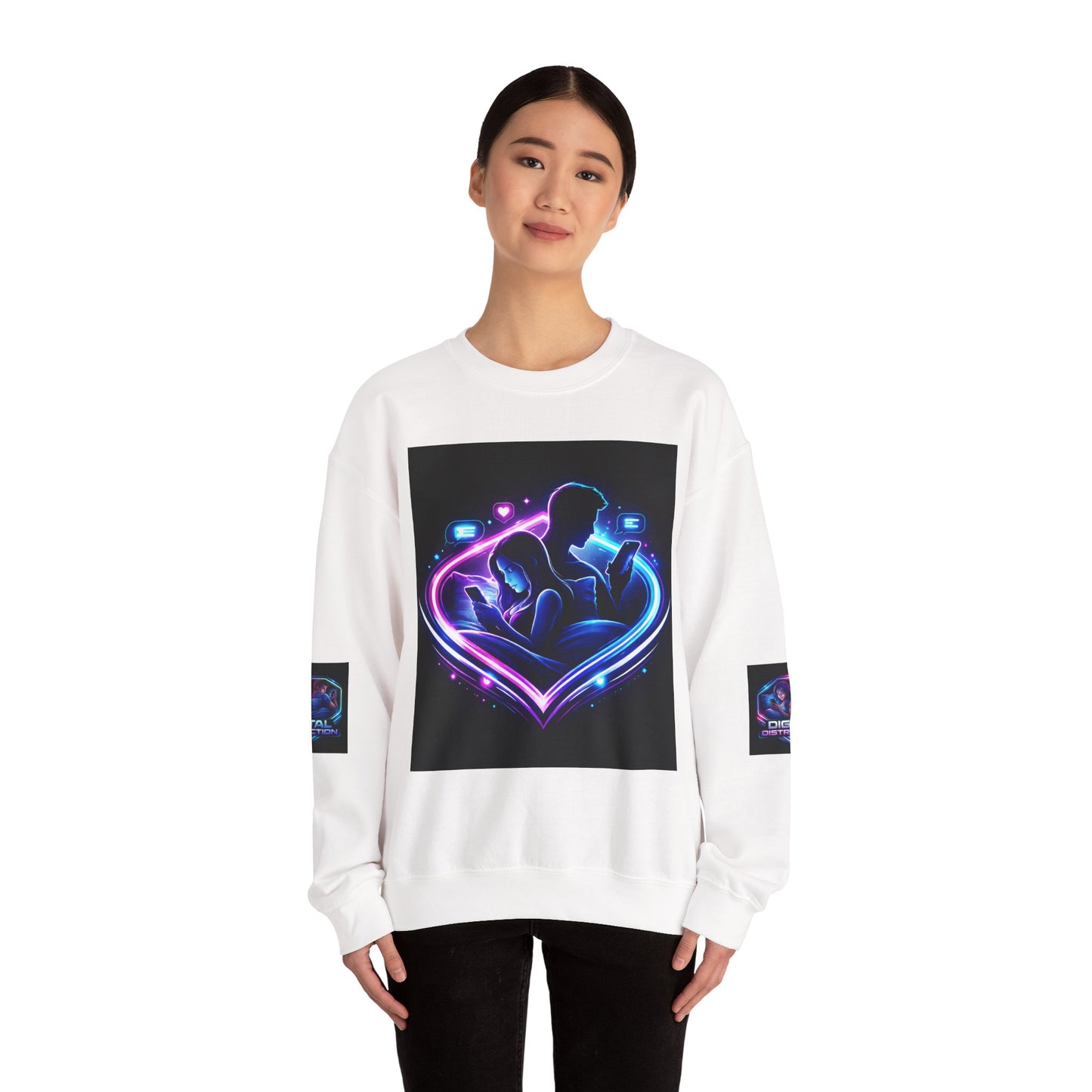 Crewneck Sweatshirt — Neon Couple in Bed Heart Illustration