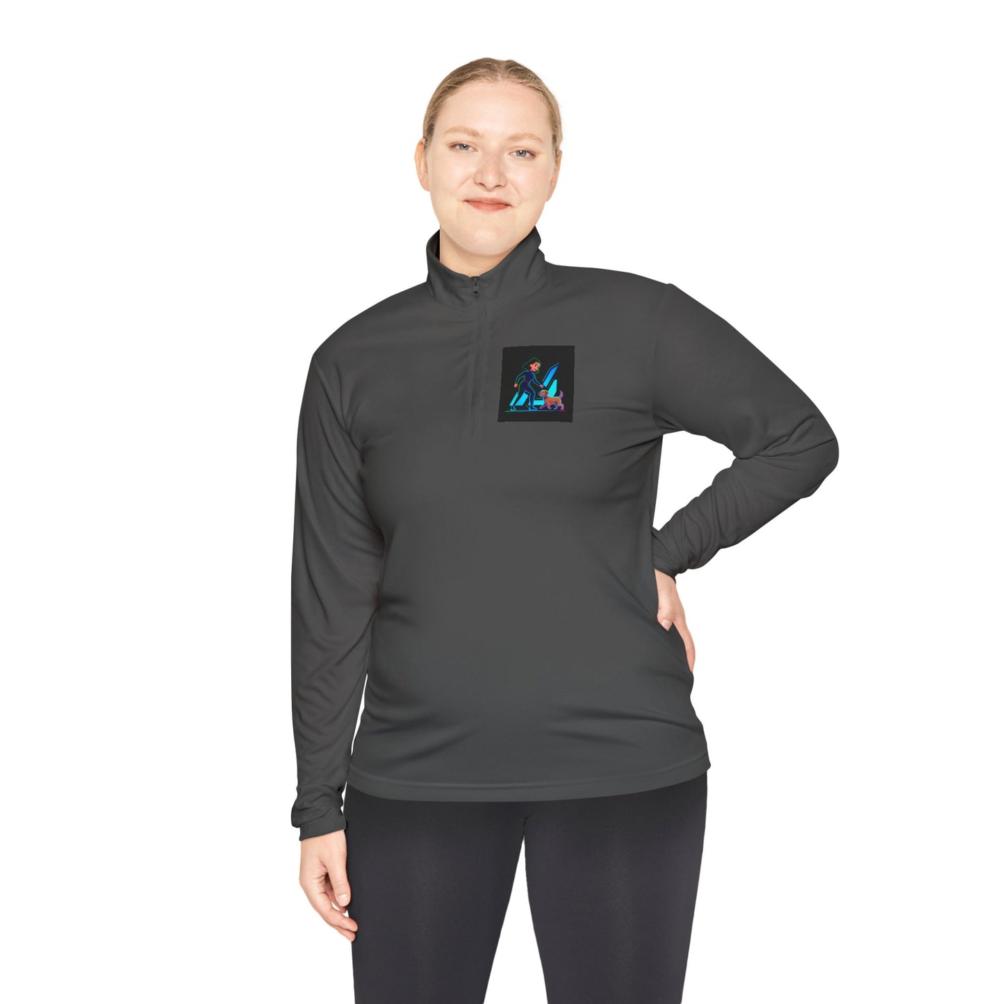 GiGi Logo Quarter-Zip Pullover — Neon Retro Dog Walker Design