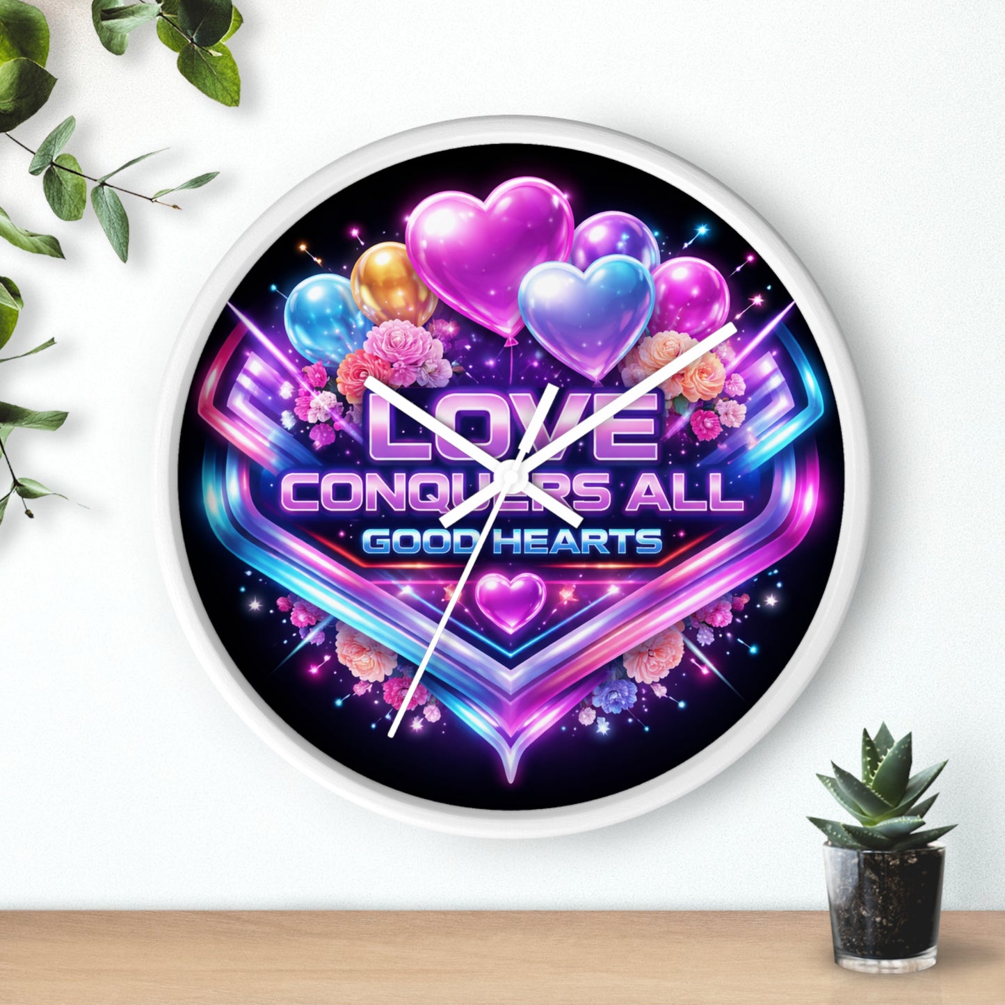 Love Conquers All Wall Clock — Neon Heart Floral Retro Decor