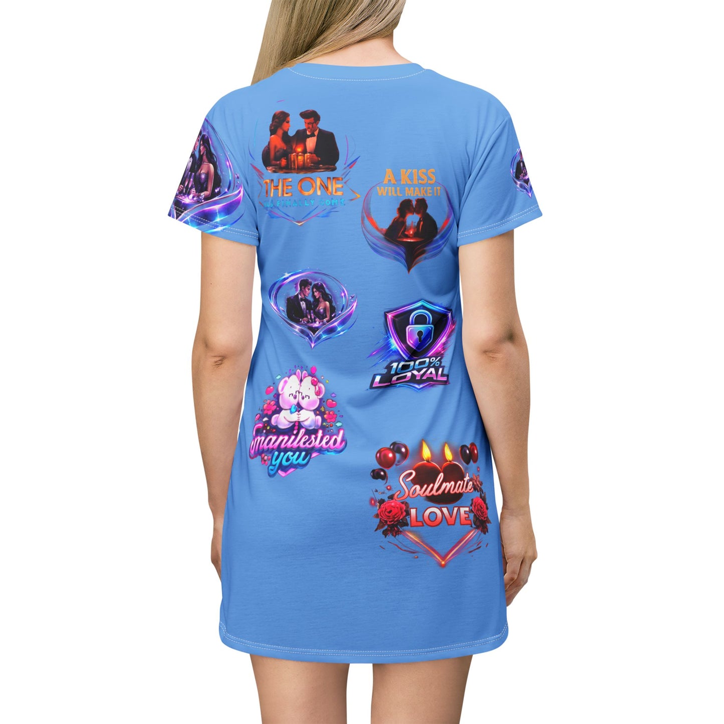 Glow Badge Graphic T-Shirt Dress — Neon Romance & Loyalty Icons