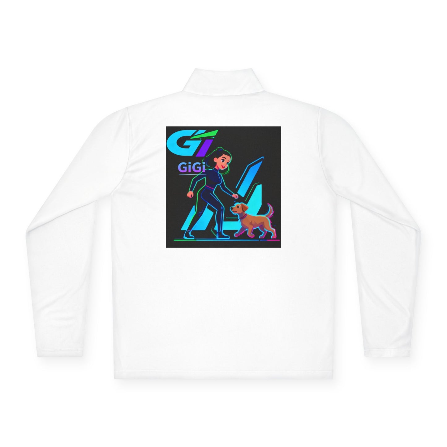 GiGi Logo Quarter-Zip Pullover — Neon Retro Dog Walker Design