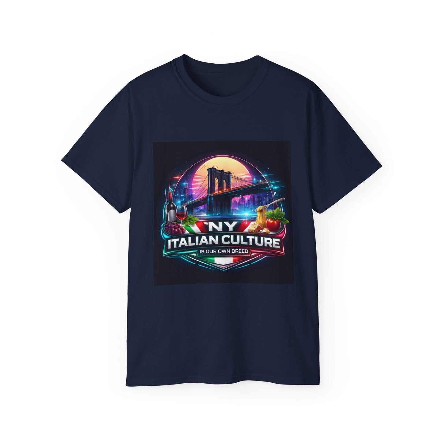 NY Italian Culture T‑Shirt — Retro Neon Brooklyn Bridge Graphic