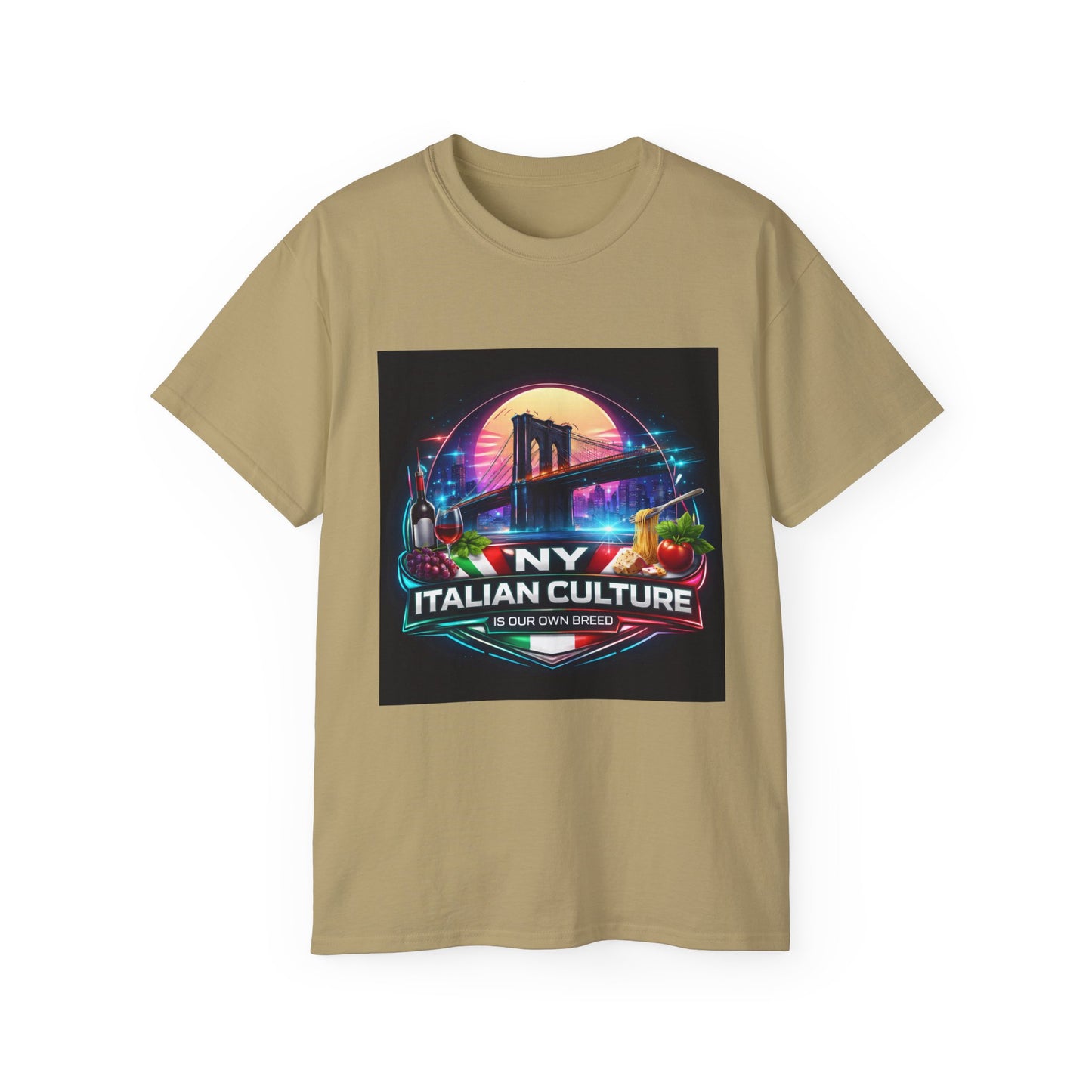 NY Italian Culture T‑Shirt — Retro Neon Brooklyn Bridge Graphic