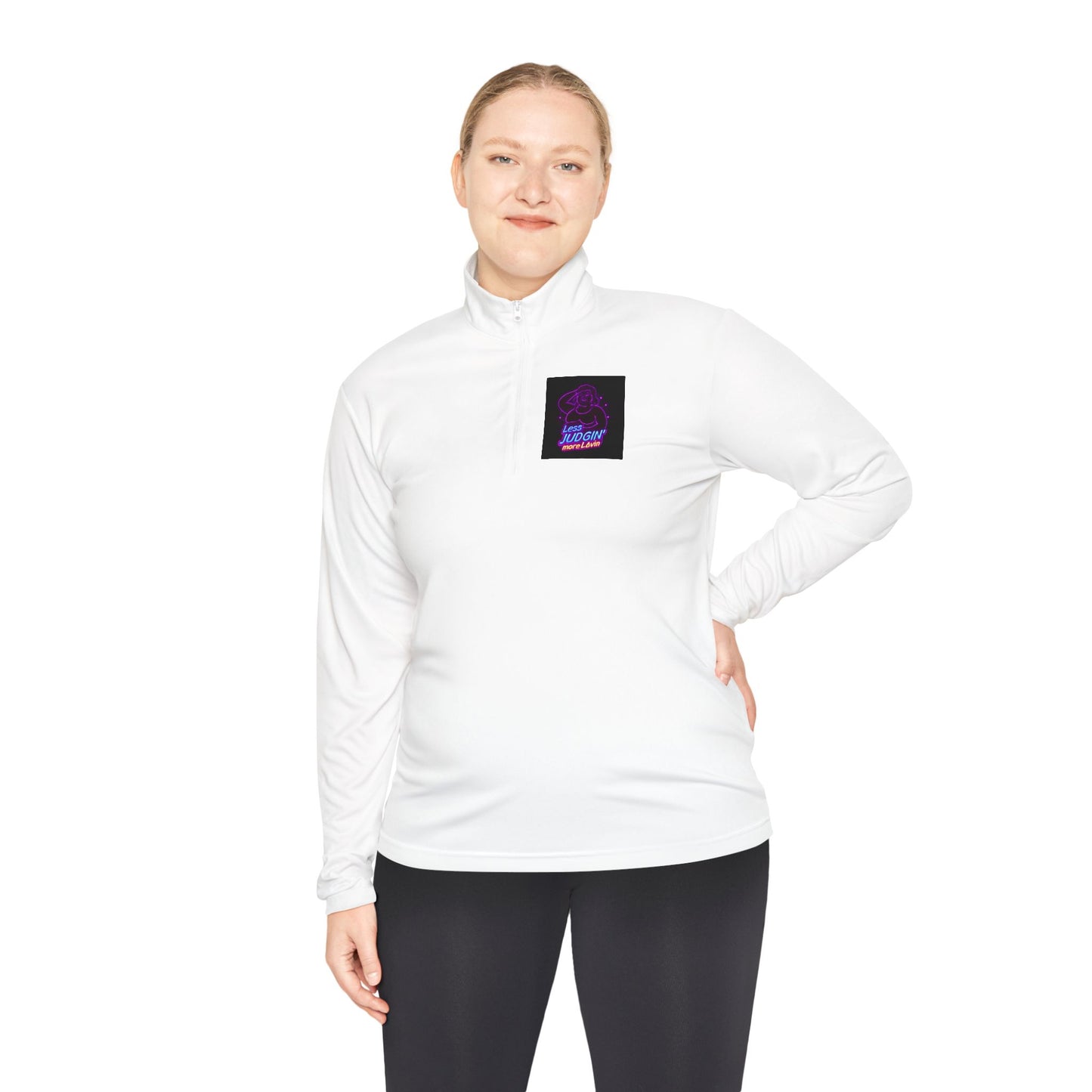 Quarter-Zip Pullover — "Less Judgin’ More Lovin’" Retro Neon Graphic