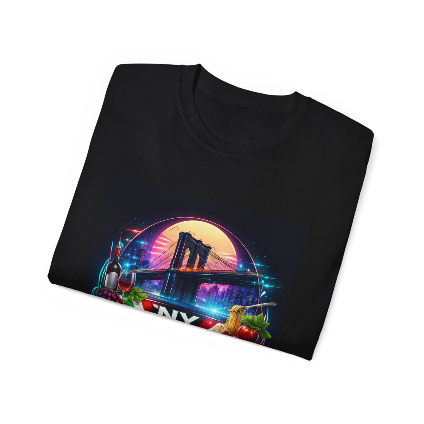 NY Italian Culture T‑Shirt — Retro Neon Brooklyn Bridge Graphic
