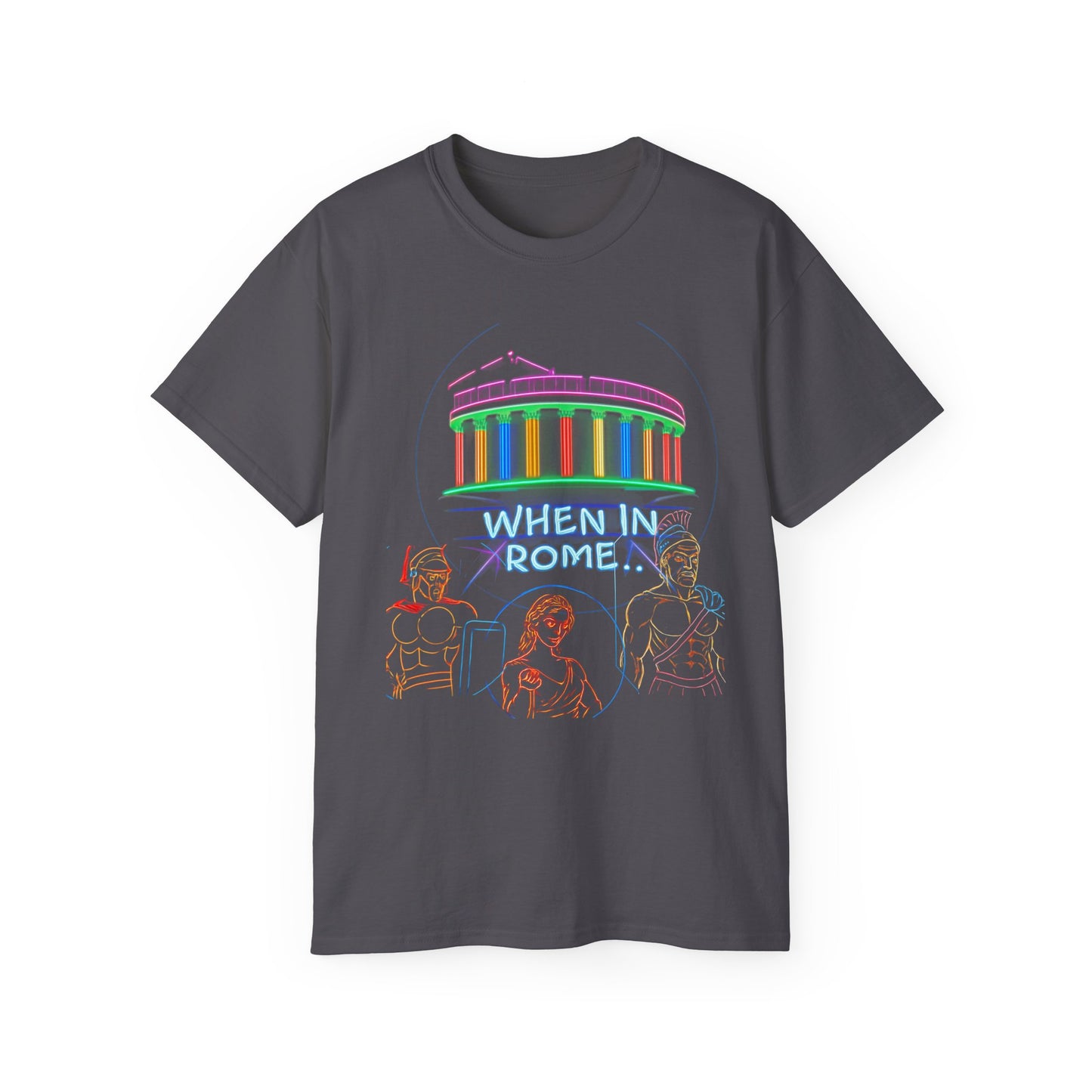 When in Rome Neon Graphic Tee - Roman Gladiator & Colosseum Vintage Style