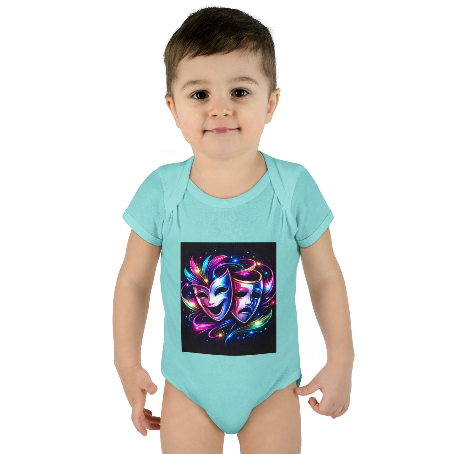 Neon Theatre Masks Infant Bodysuit — Colorful Drama Baby Onesie