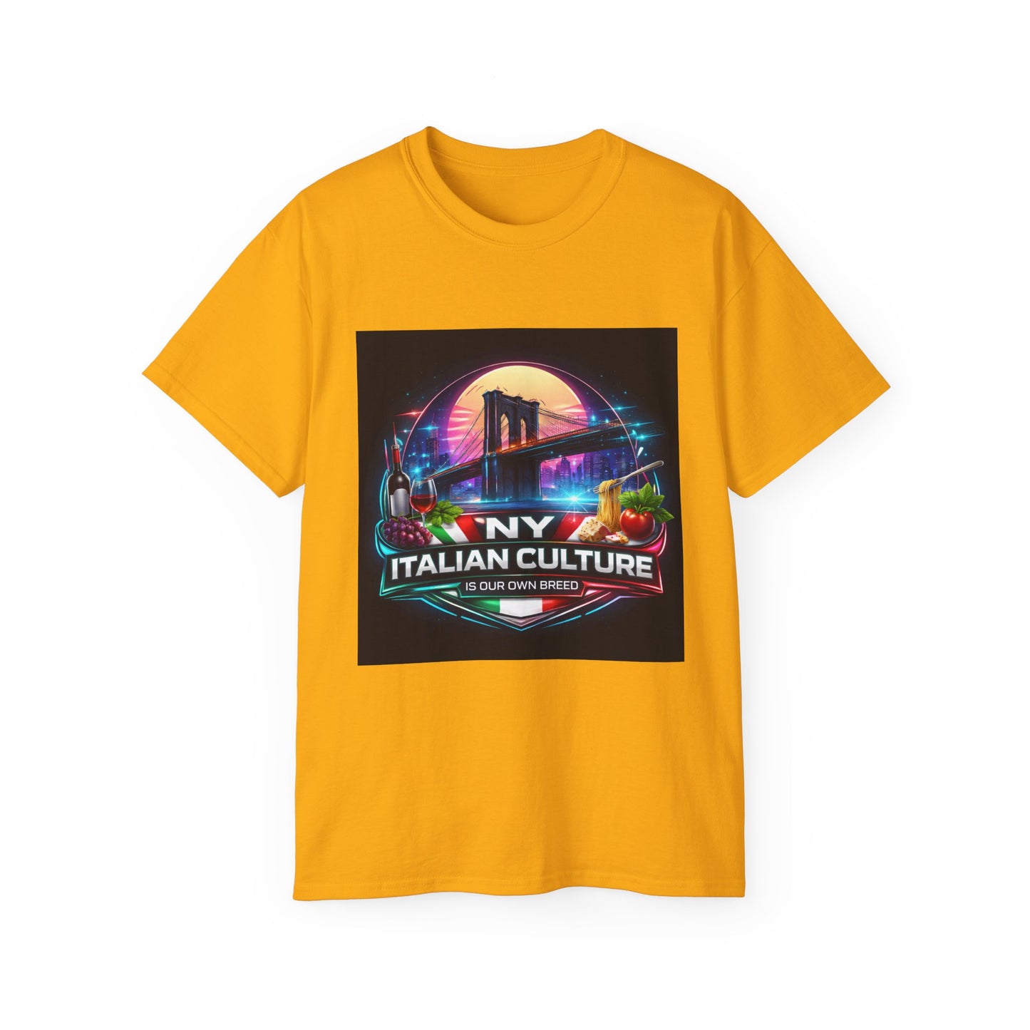 NY Italian Culture T‑Shirt — Retro Neon Brooklyn Bridge Graphic