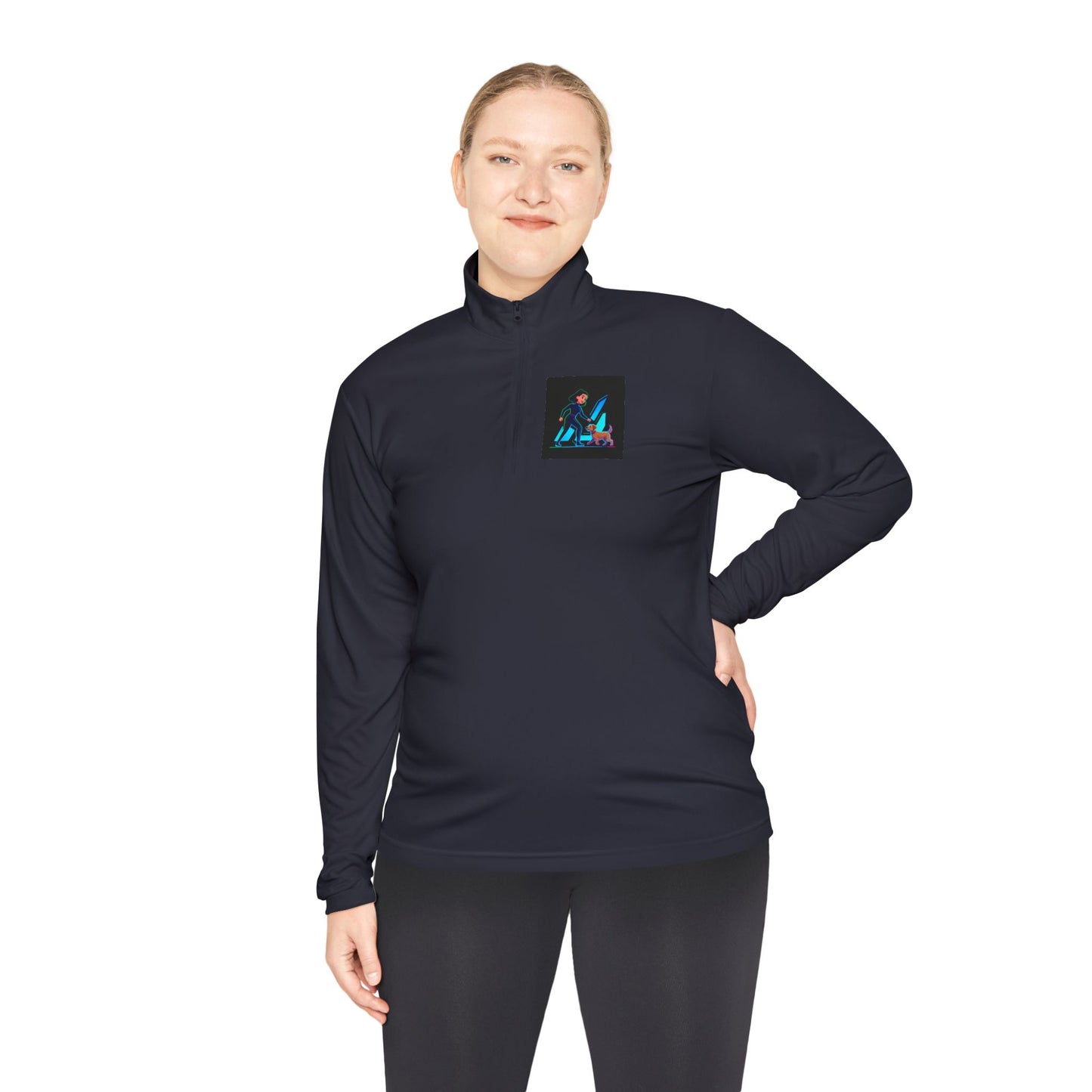 GiGi Logo Quarter-Zip Pullover — Neon Retro Dog Walker Design