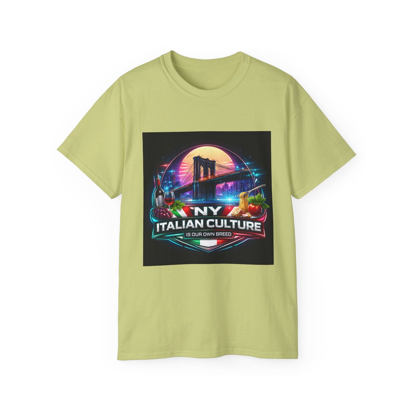 NY Italian Culture T‑Shirt — Retro Neon Brooklyn Bridge Graphic