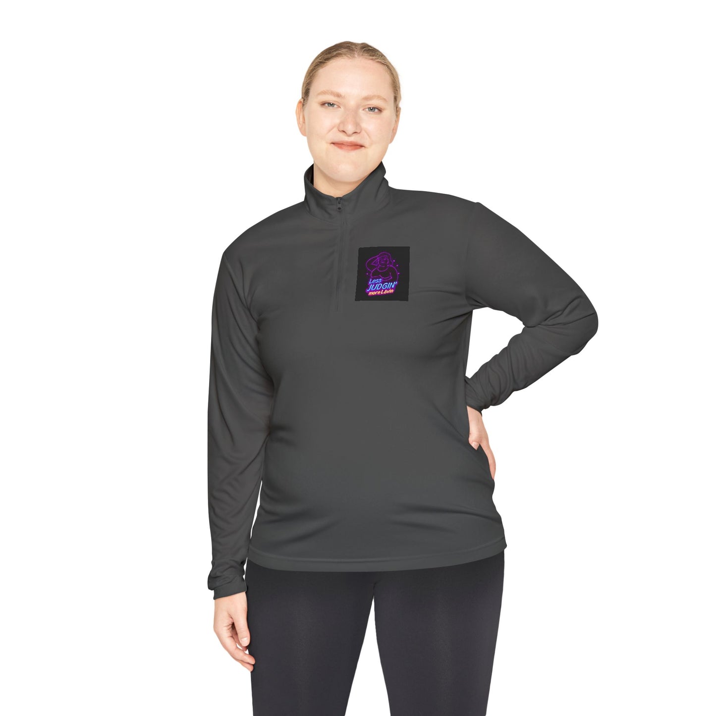 Quarter-Zip Pullover — "Less Judgin’ More Lovin’" Retro Neon Graphic