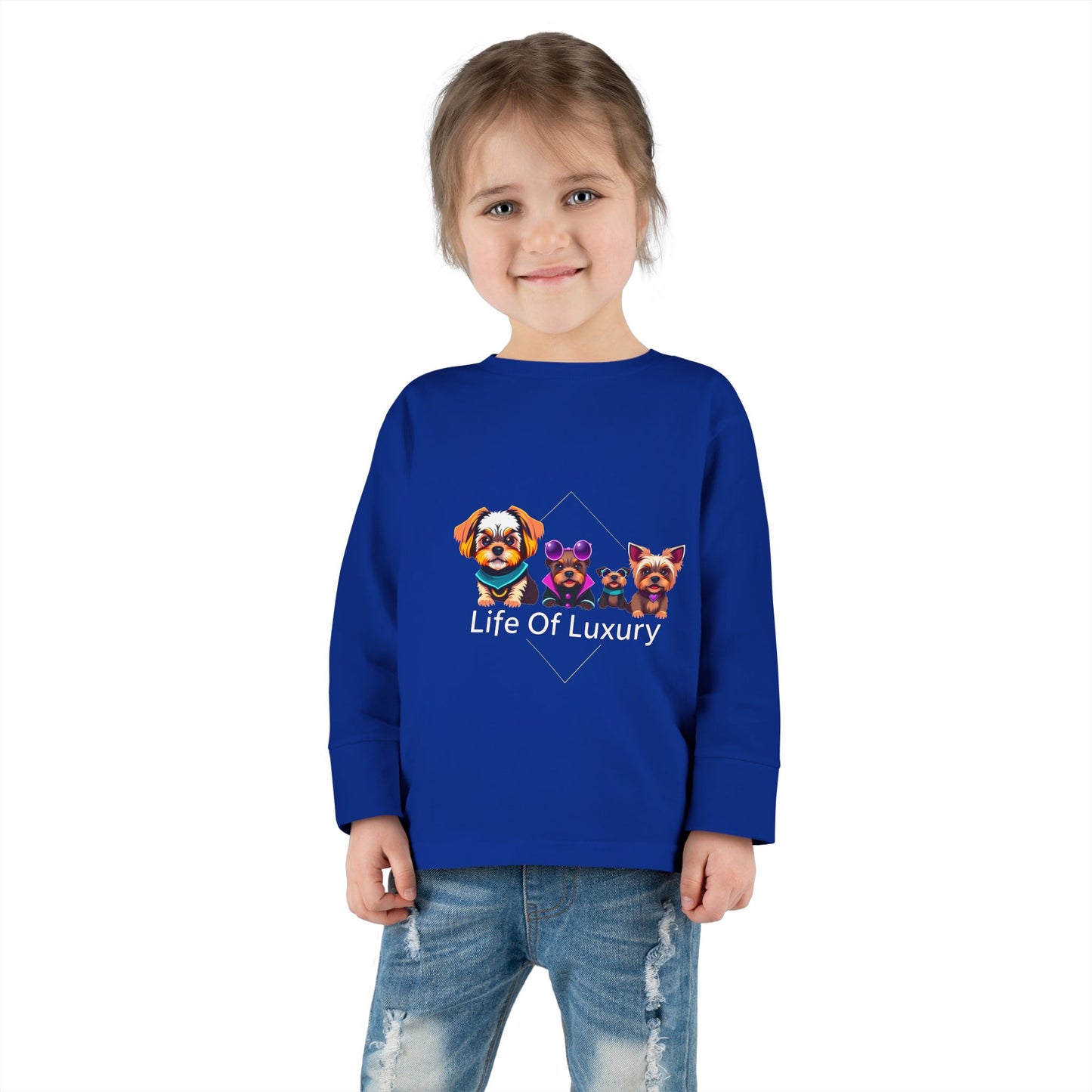 Colorful Toddler Long Sleeve Tee with Fun Dog Design, Life Of Luxury, Cute Pet Shirt, Perfect for Parties, Birthdays, Gift Idea