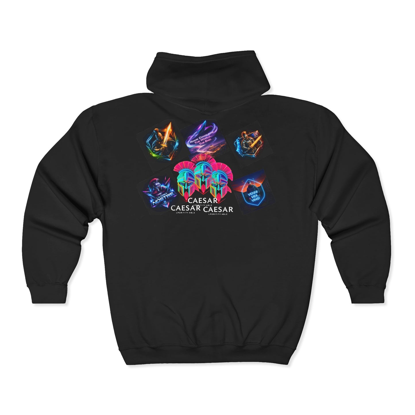 Retro Neon Gaming Zip Hoodie — 'Caesar Caesar Caesar' Icon Art