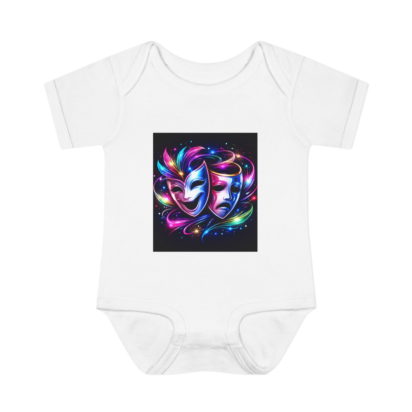Neon Theatre Masks Infant Bodysuit — Colorful Drama Baby Onesie