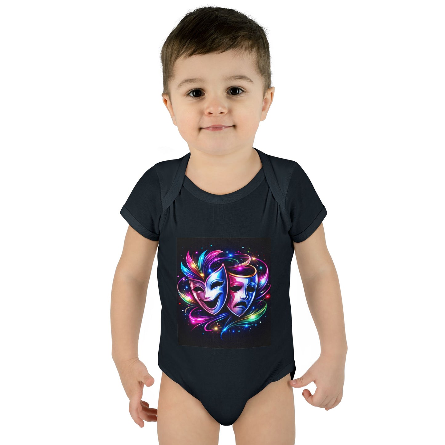 Neon Theatre Masks Infant Bodysuit — Colorful Drama Baby Onesie