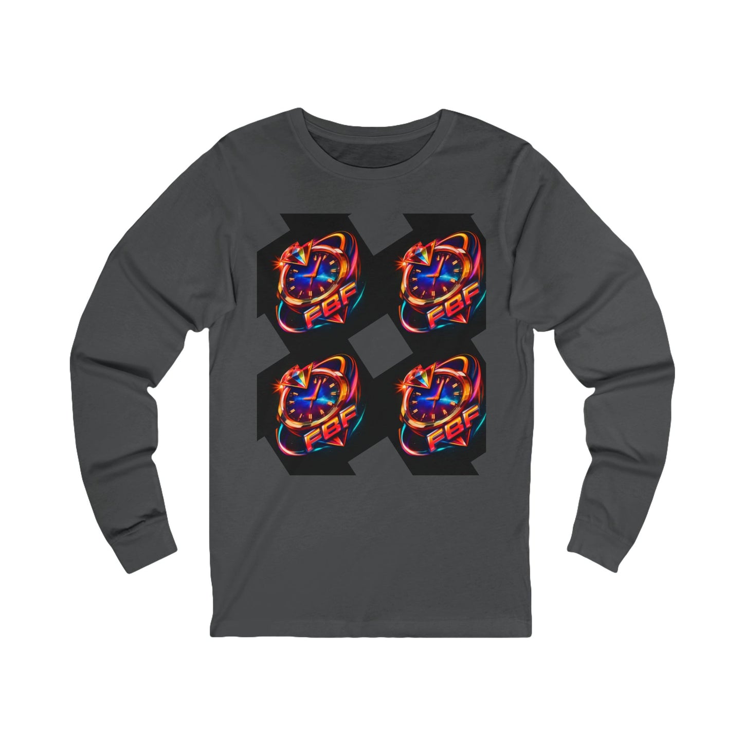 FBF Neon Clock Long Sleeve Tee — Retro Futuristic Timepiece Graphic Shirt