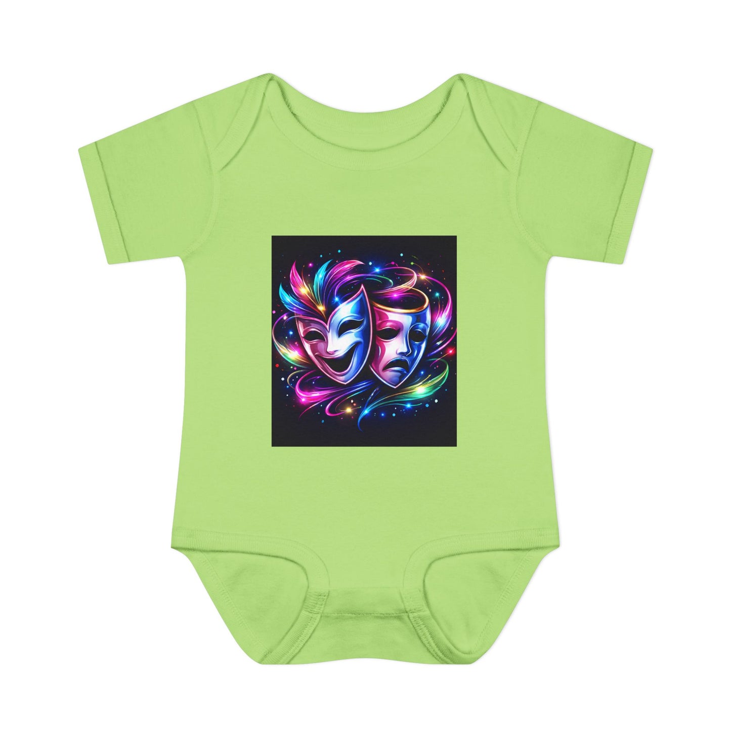 Neon Theatre Masks Infant Bodysuit — Colorful Drama Baby Onesie