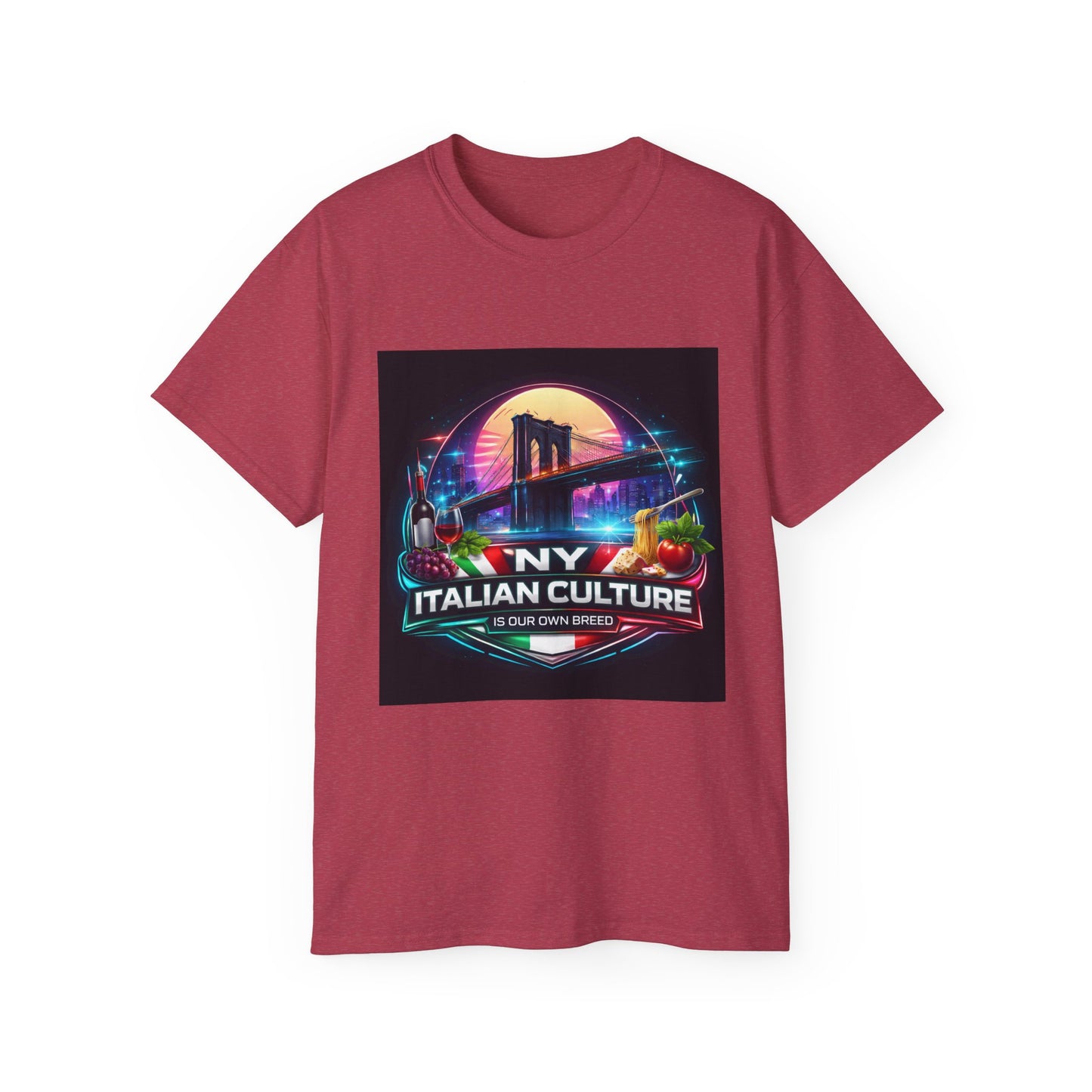 NY Italian Culture T‑Shirt — Retro Neon Brooklyn Bridge Graphic