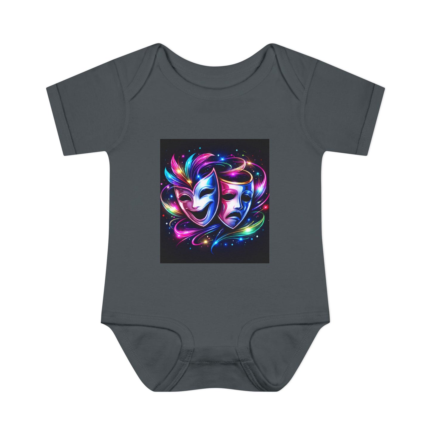 Neon Theatre Masks Infant Bodysuit — Colorful Drama Baby Onesie
