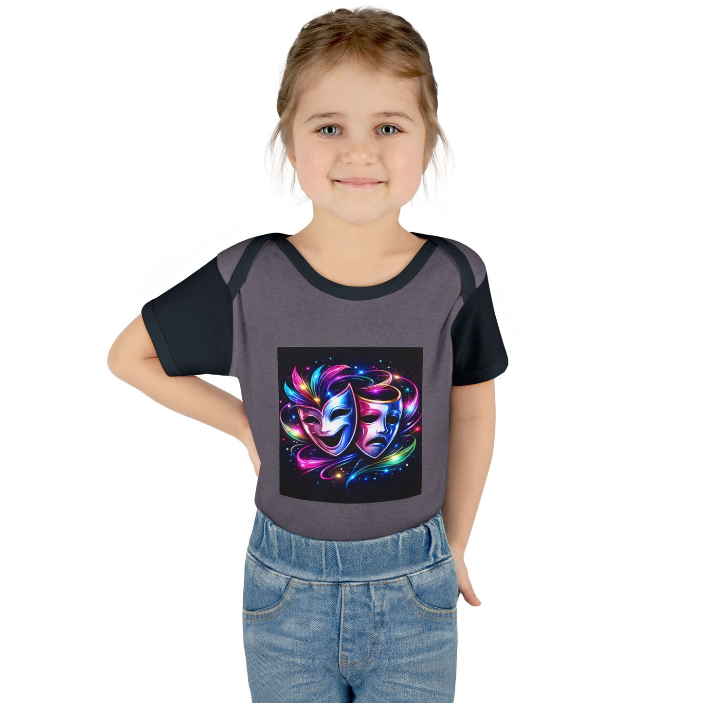 Neon Theatre Masks Infant Bodysuit — Colorful Drama Baby Onesie