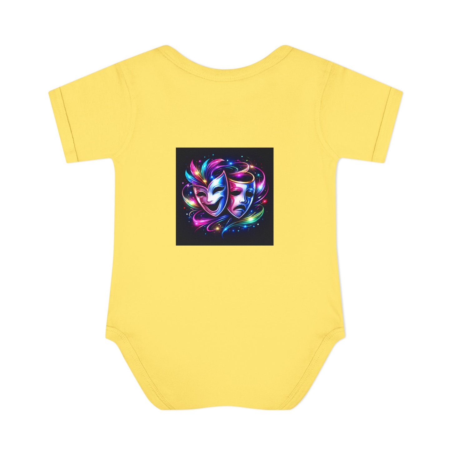 Neon Theatre Masks Infant Bodysuit — Colorful Drama Baby Onesie