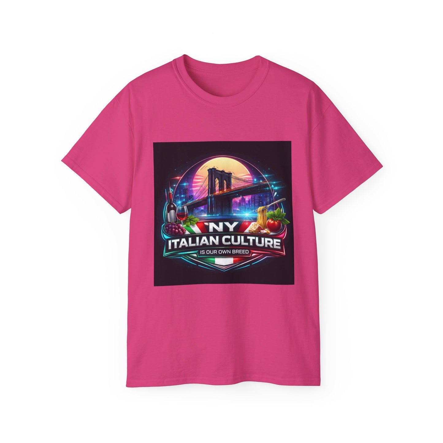 NY Italian Culture T‑Shirt — Retro Neon Brooklyn Bridge Graphic