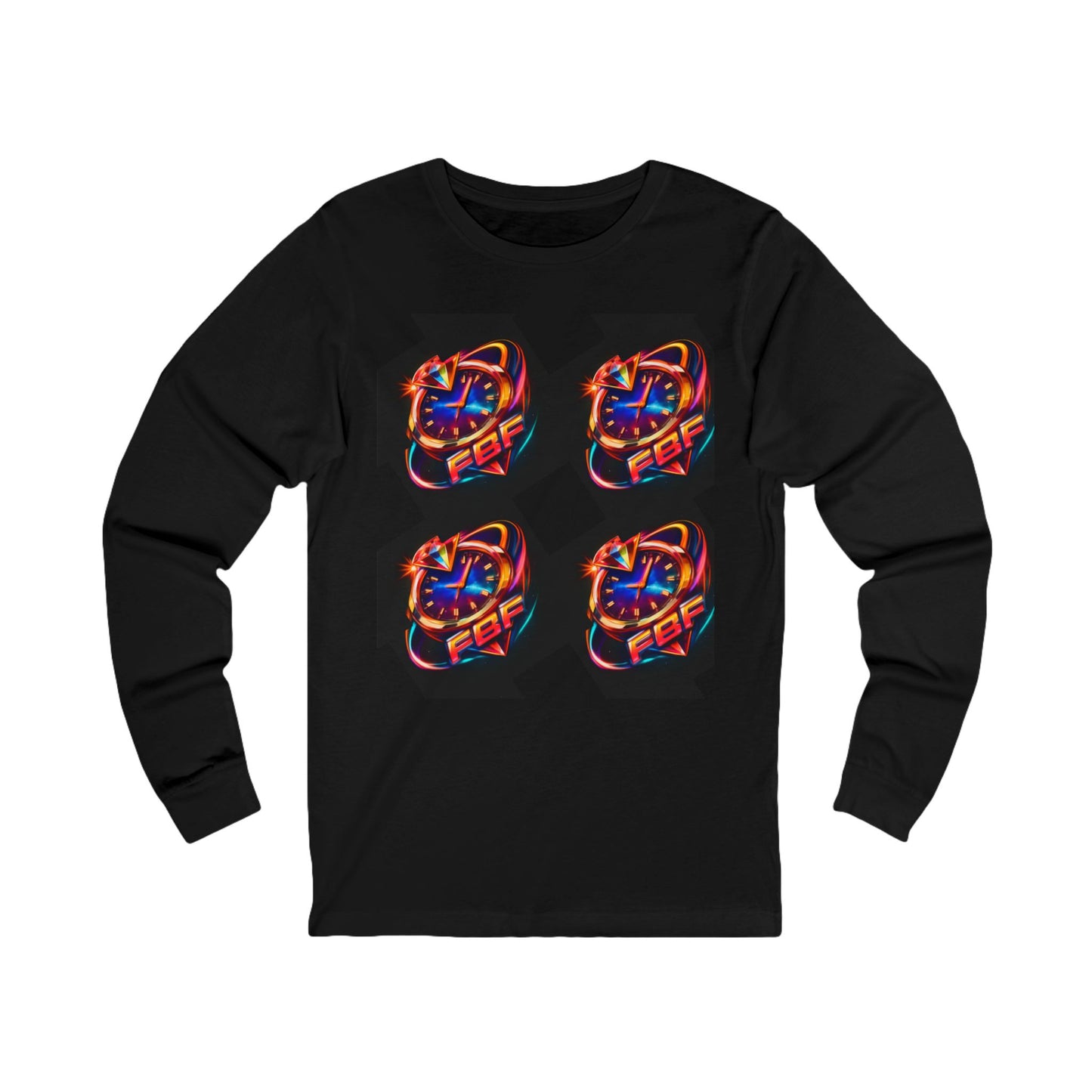FBF Neon Clock Long Sleeve Tee — Retro Futuristic Timepiece Graphic Shirt