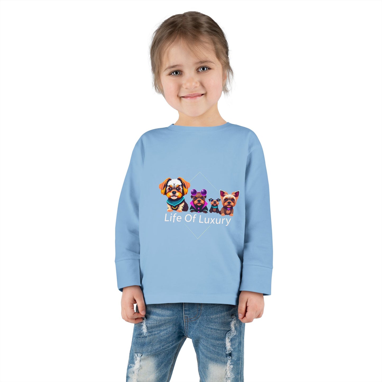 Colorful Toddler Long Sleeve Tee with Fun Dog Design, Life Of Luxury, Cute Pet Shirt, Perfect for Parties, Birthdays, Gift Idea