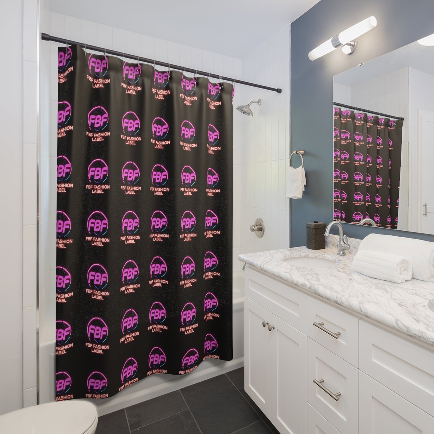 FBF Fashion Label Shower Curtain - Bold Neon Decor, Modern Bathroom Accessory, Unique Home Gift, Trendy Shower Decor, Vibrant Wall Art