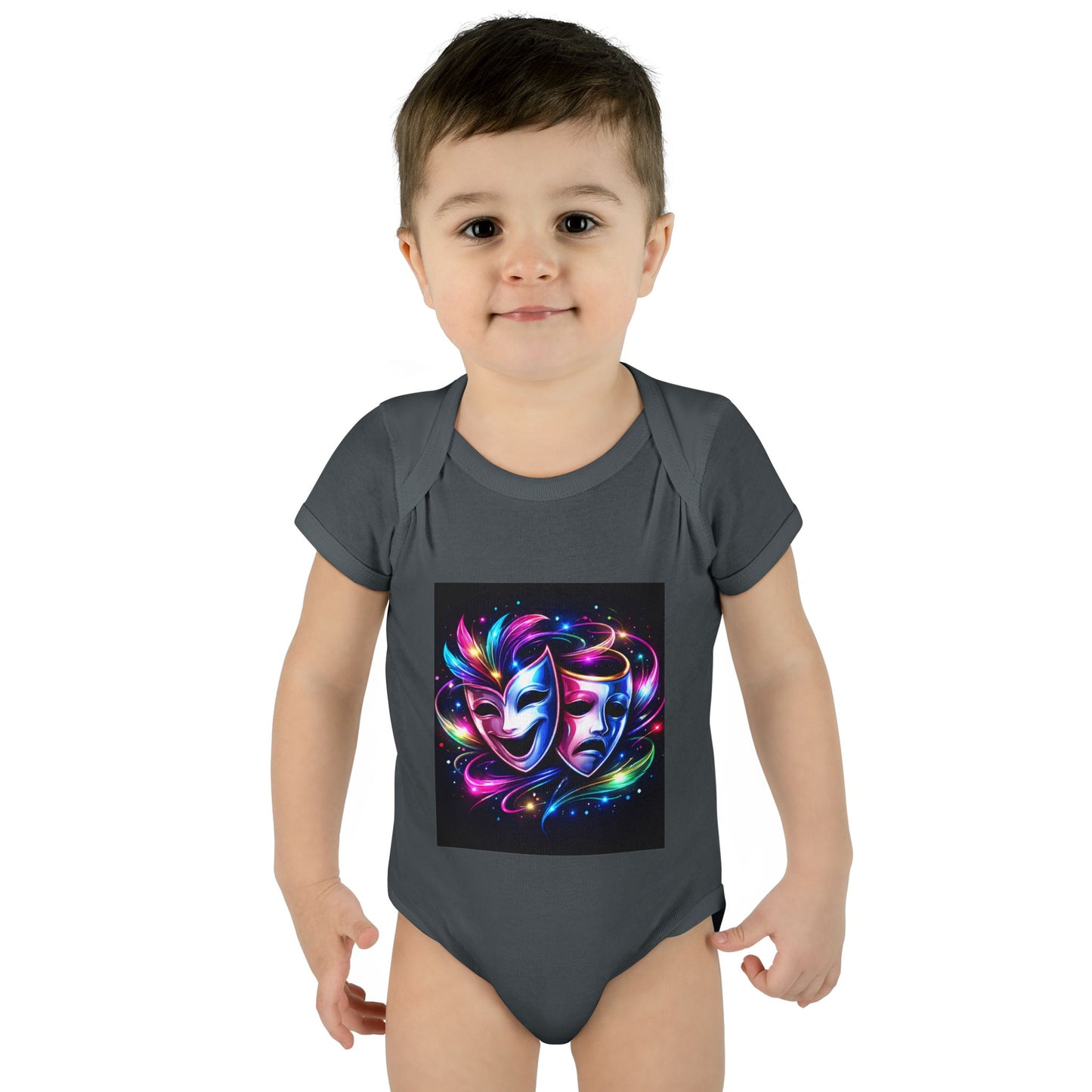 Neon Theatre Masks Infant Bodysuit — Colorful Drama Baby Onesie