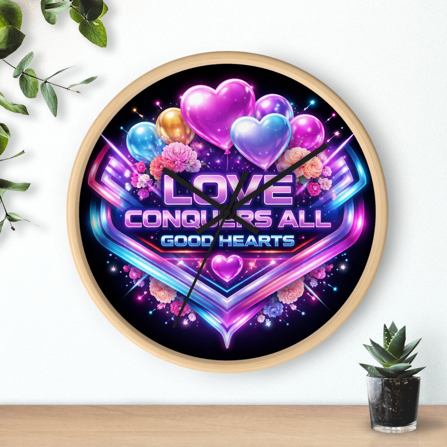 Love Conquers All Wall Clock — Neon Heart Floral Retro Decor