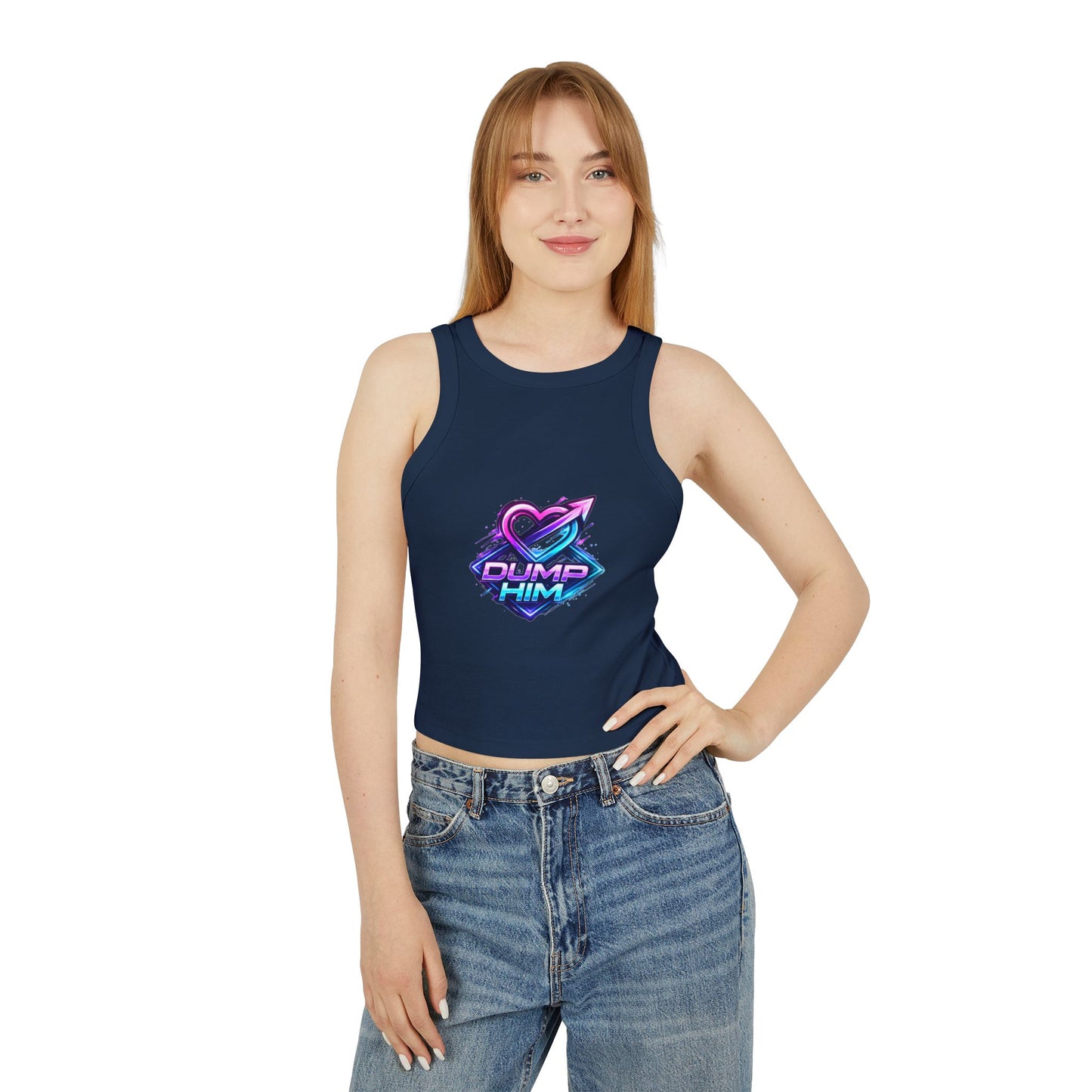 Dump Him Graphic Racer Tank Top — Bold Retro Heart Breakup Tee for Women