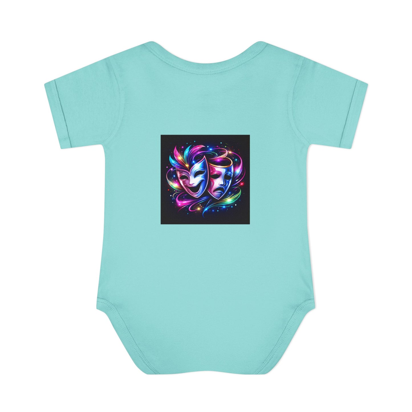 Neon Theatre Masks Infant Bodysuit — Colorful Drama Baby Onesie