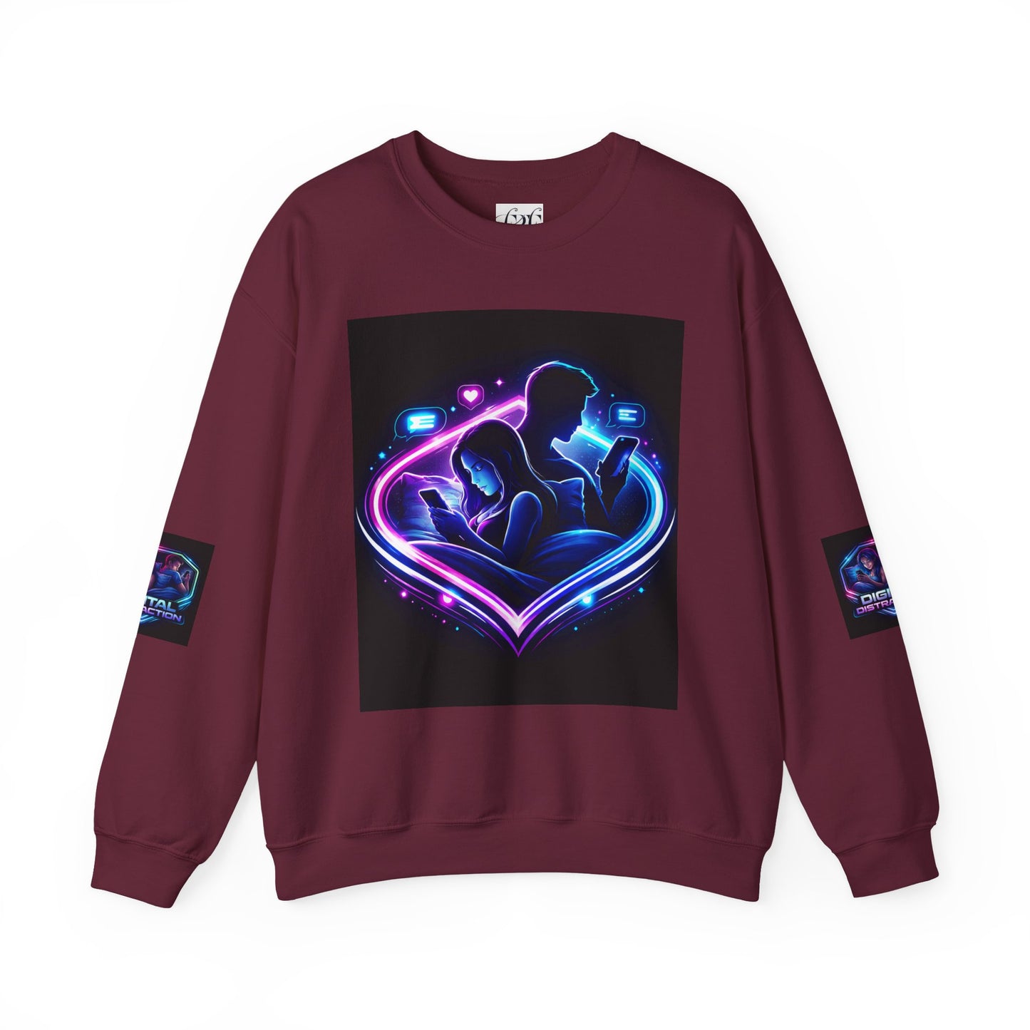 Crewneck Sweatshirt — Neon Couple in Bed Heart Illustration
