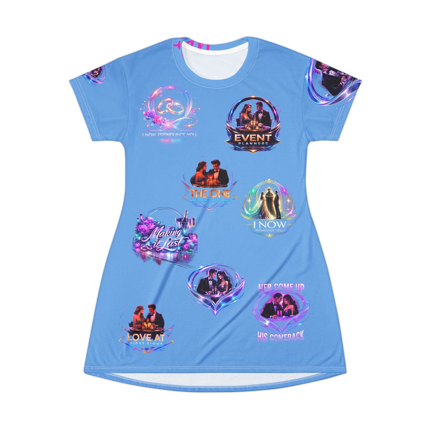 Glow Badge Graphic T-Shirt Dress — Neon Romance & Loyalty Icons