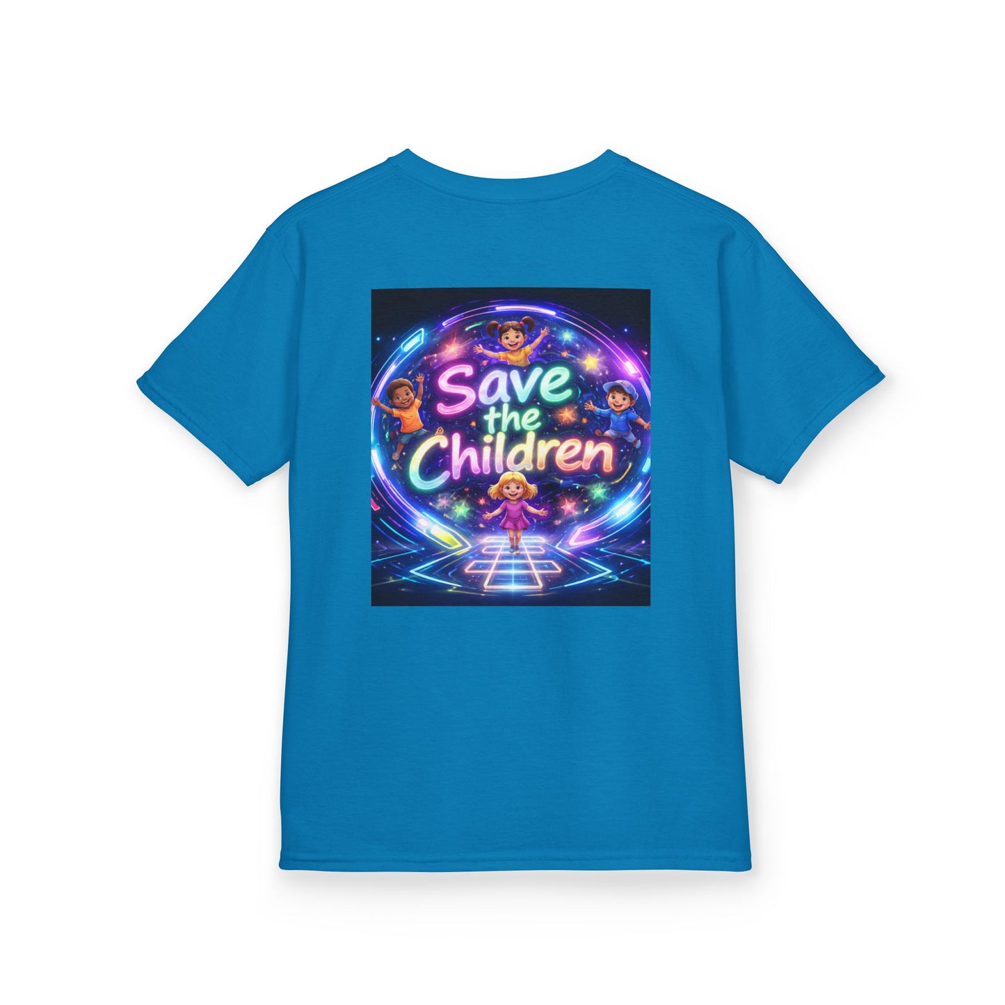 Kids Tee — 'Save the Children' Neon Rainbow Charity Design