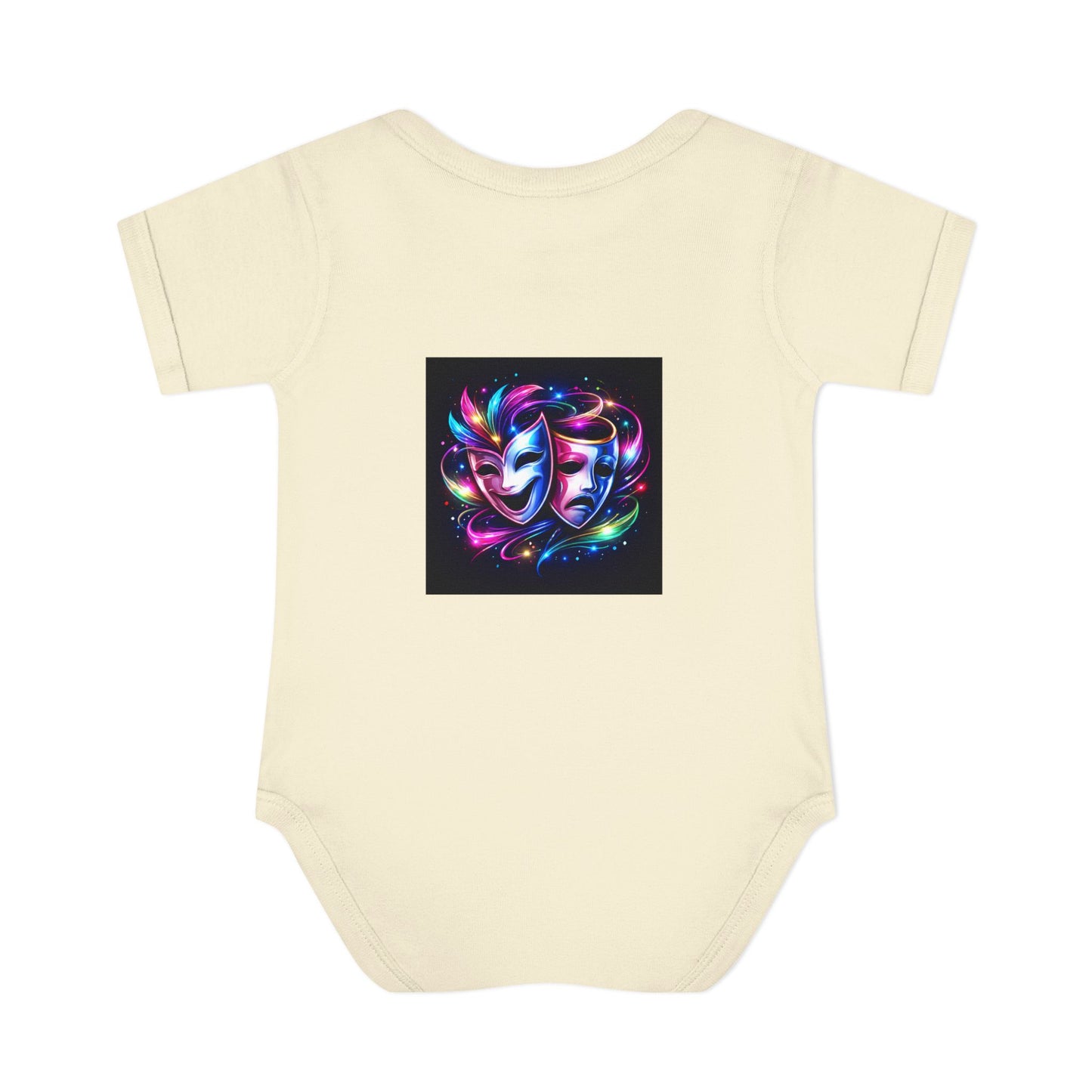 Neon Theatre Masks Infant Bodysuit — Colorful Drama Baby Onesie