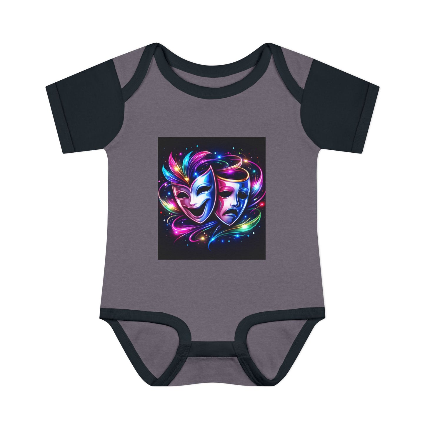 Neon Theatre Masks Infant Bodysuit — Colorful Drama Baby Onesie