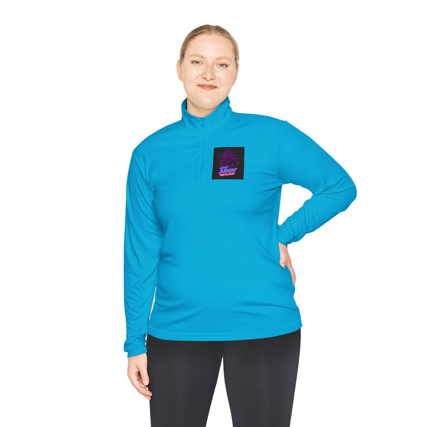Quarter-Zip Pullover — "Less Judgin’ More Lovin’" Retro Neon Graphic