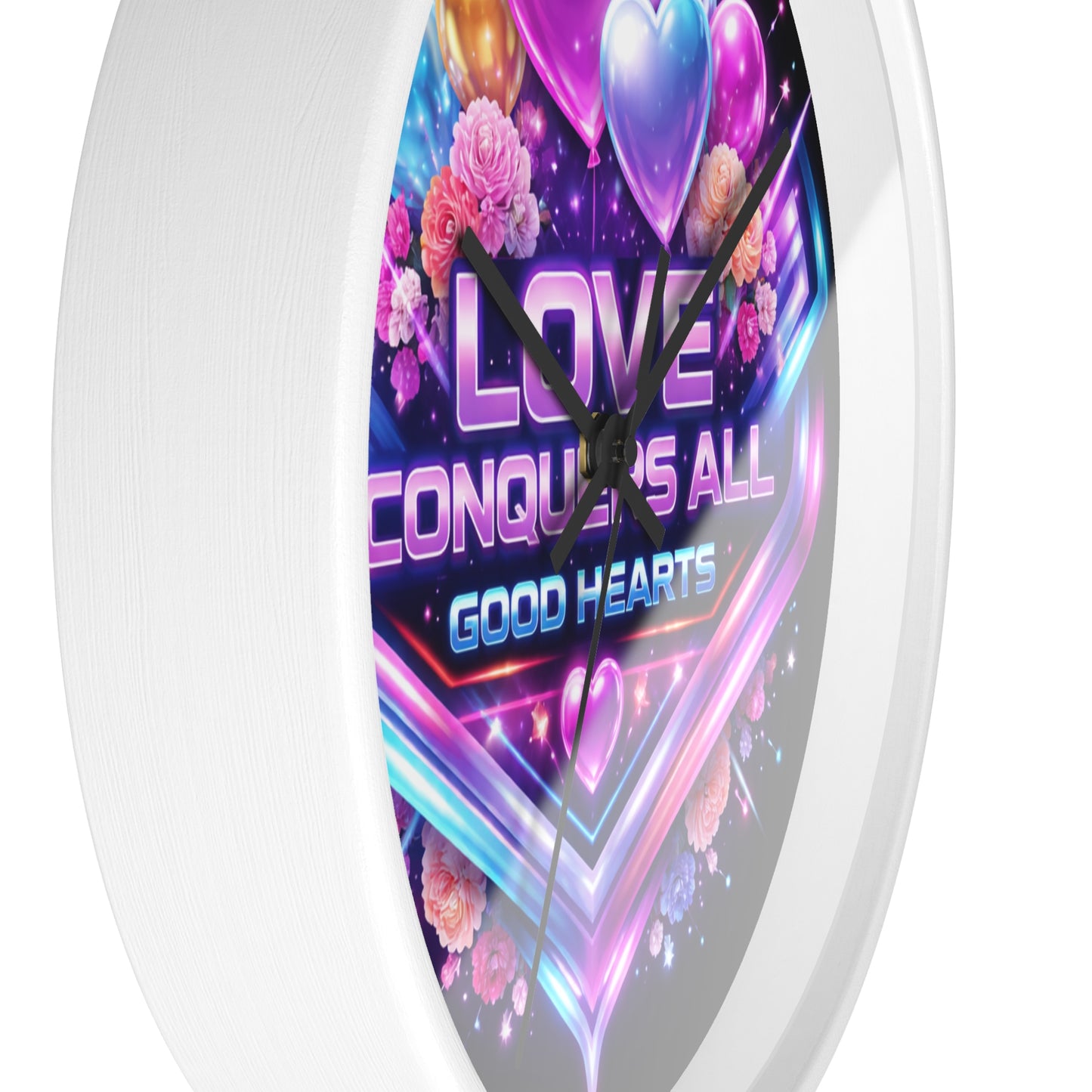 Love Conquers All Wall Clock — Neon Heart Floral Retro Decor