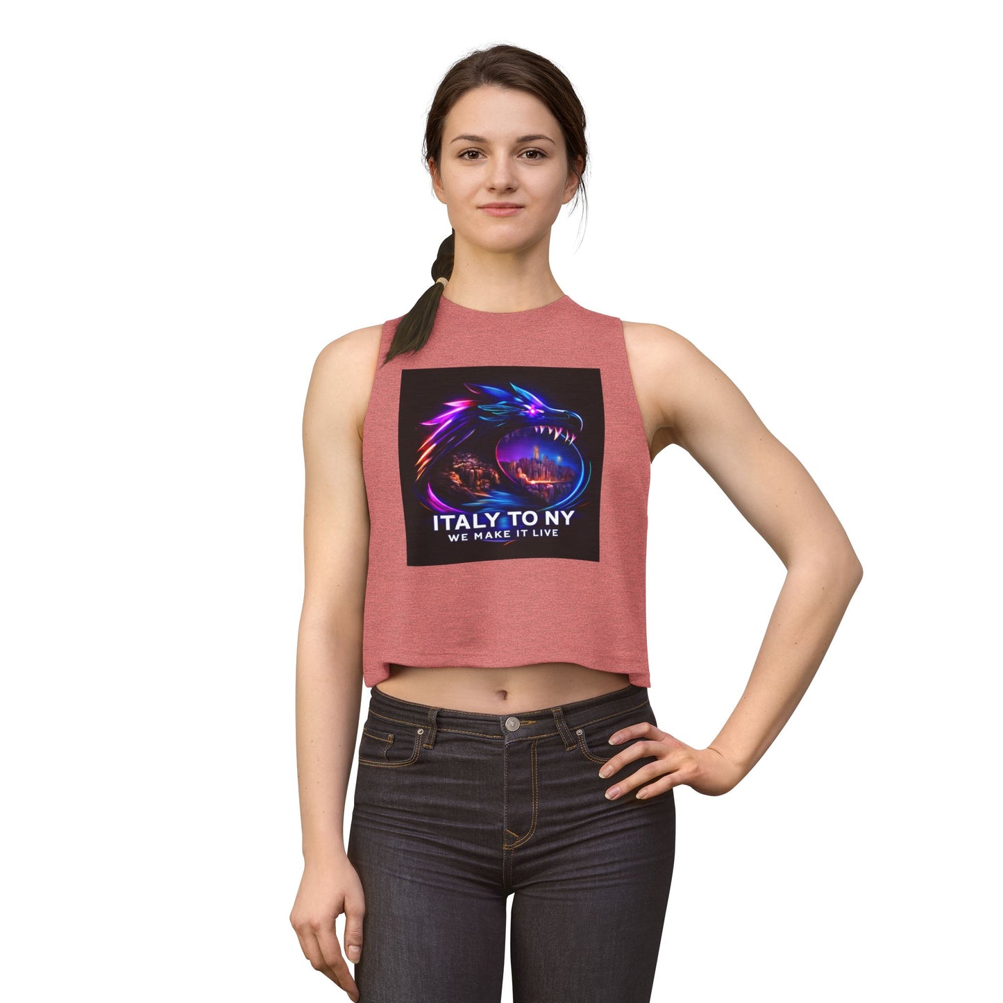 Dragon Logo Crop Top — "Italy to NY We Make It Live" Neon Graphic
