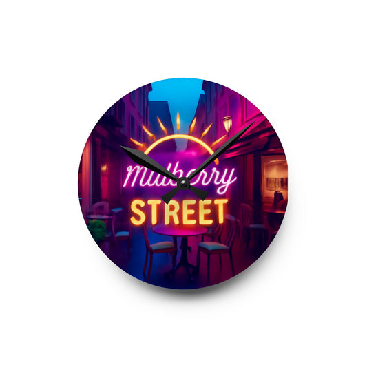 Acrylic Wall Clock — Neon 'Mulberry Street' Retro Cafe Wall Clock
