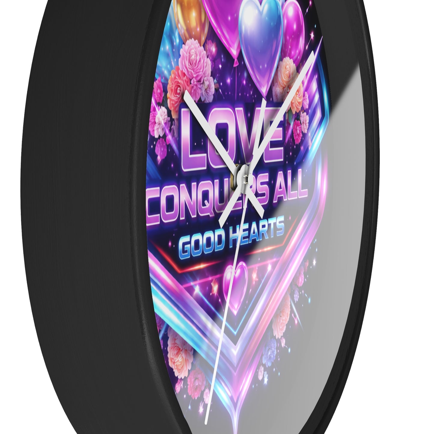 Love Conquers All Wall Clock — Neon Heart Floral Retro Decor