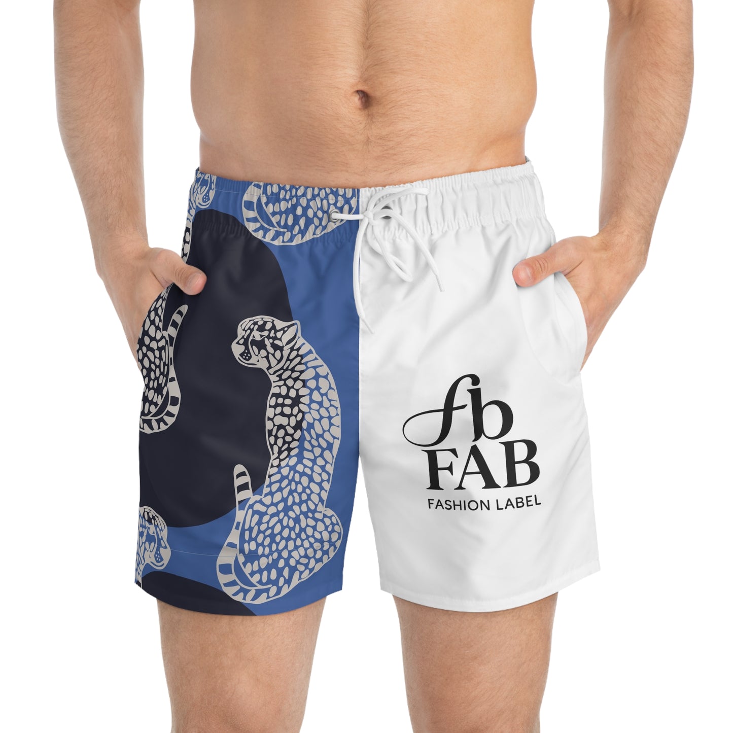 Men’s Black and Blue cheetah Swim Trunks (AOP)