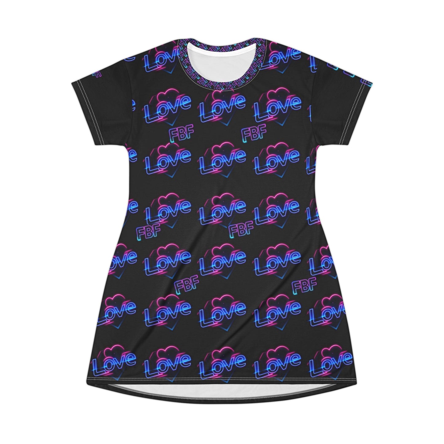 Neon 'LOVE' Graphic T-Shirt Dress — Retro Vaporwave Heart Print