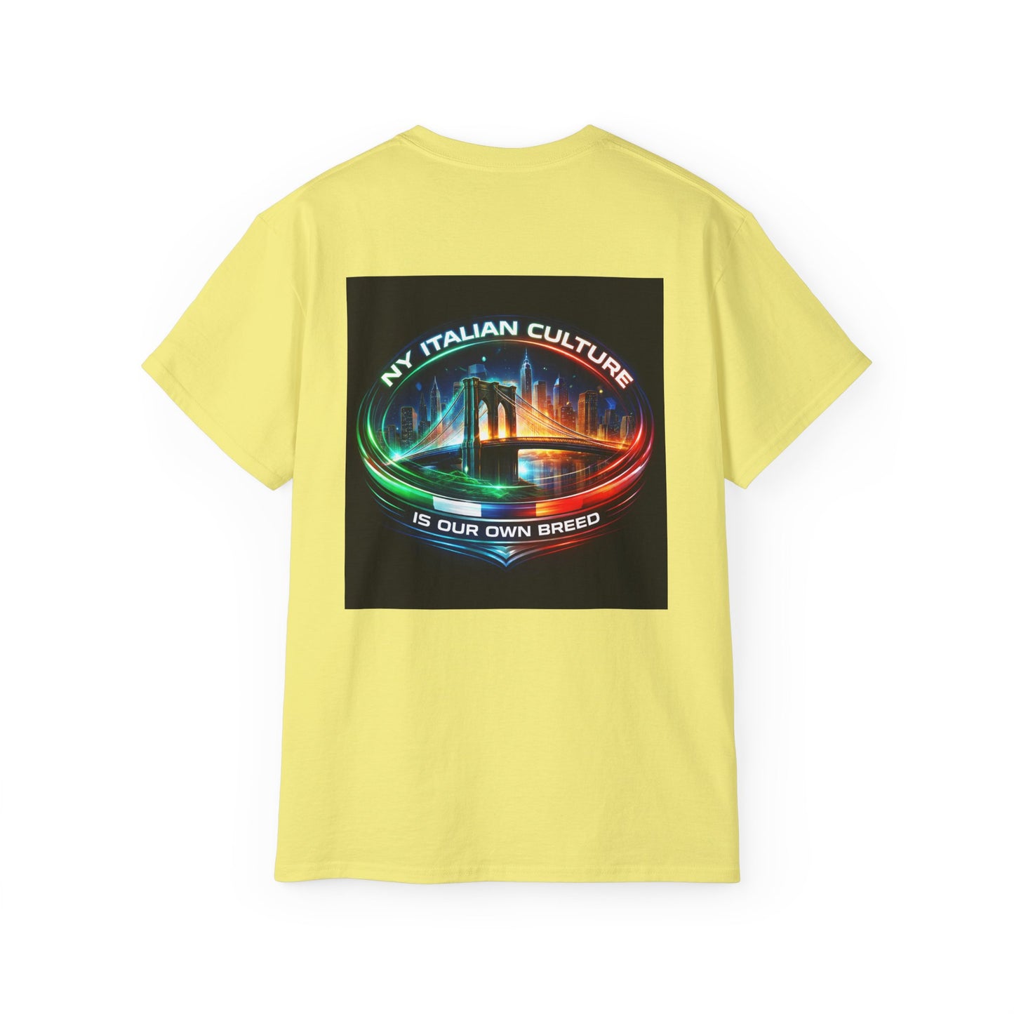 NY Italian Culture T‑Shirt — Retro Neon Brooklyn Bridge Graphic