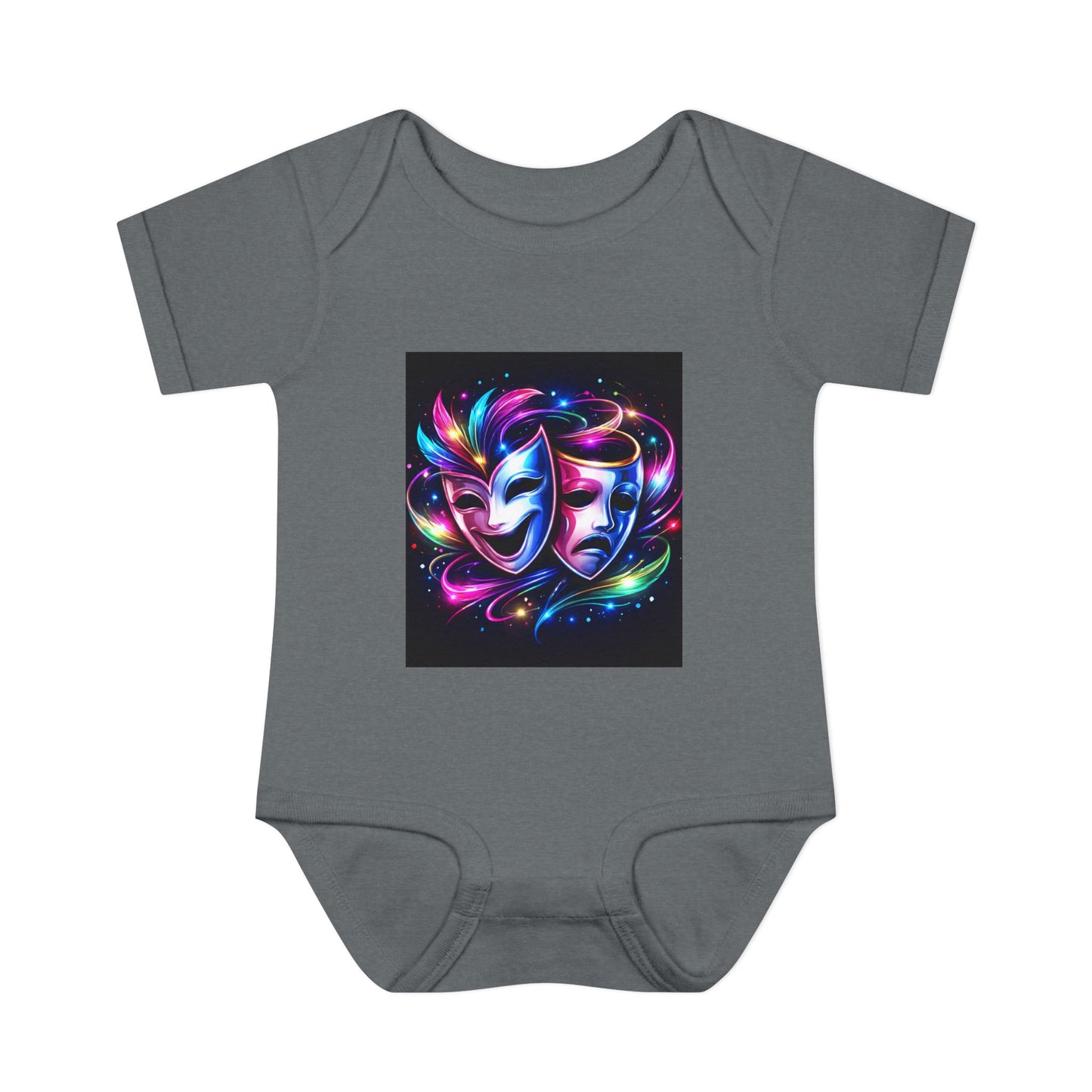 Neon Theatre Masks Infant Bodysuit — Colorful Drama Baby Onesie