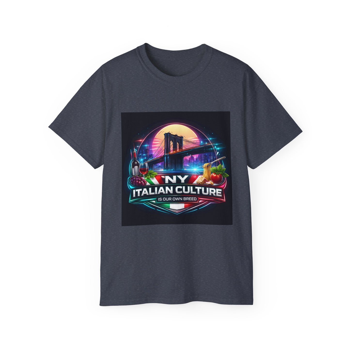 NY Italian Culture T‑Shirt — Retro Neon Brooklyn Bridge Graphic